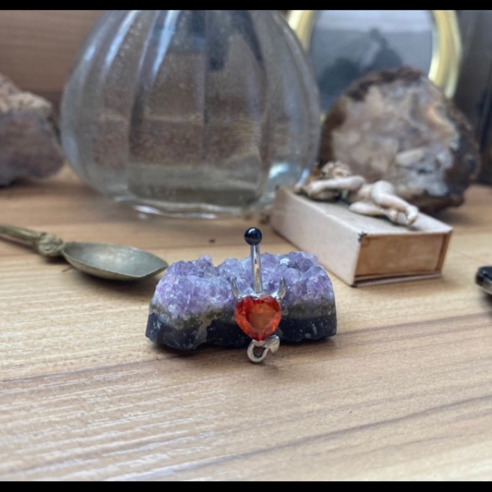 Red heart with devil horns and tail belly button Jewelry genuine silver